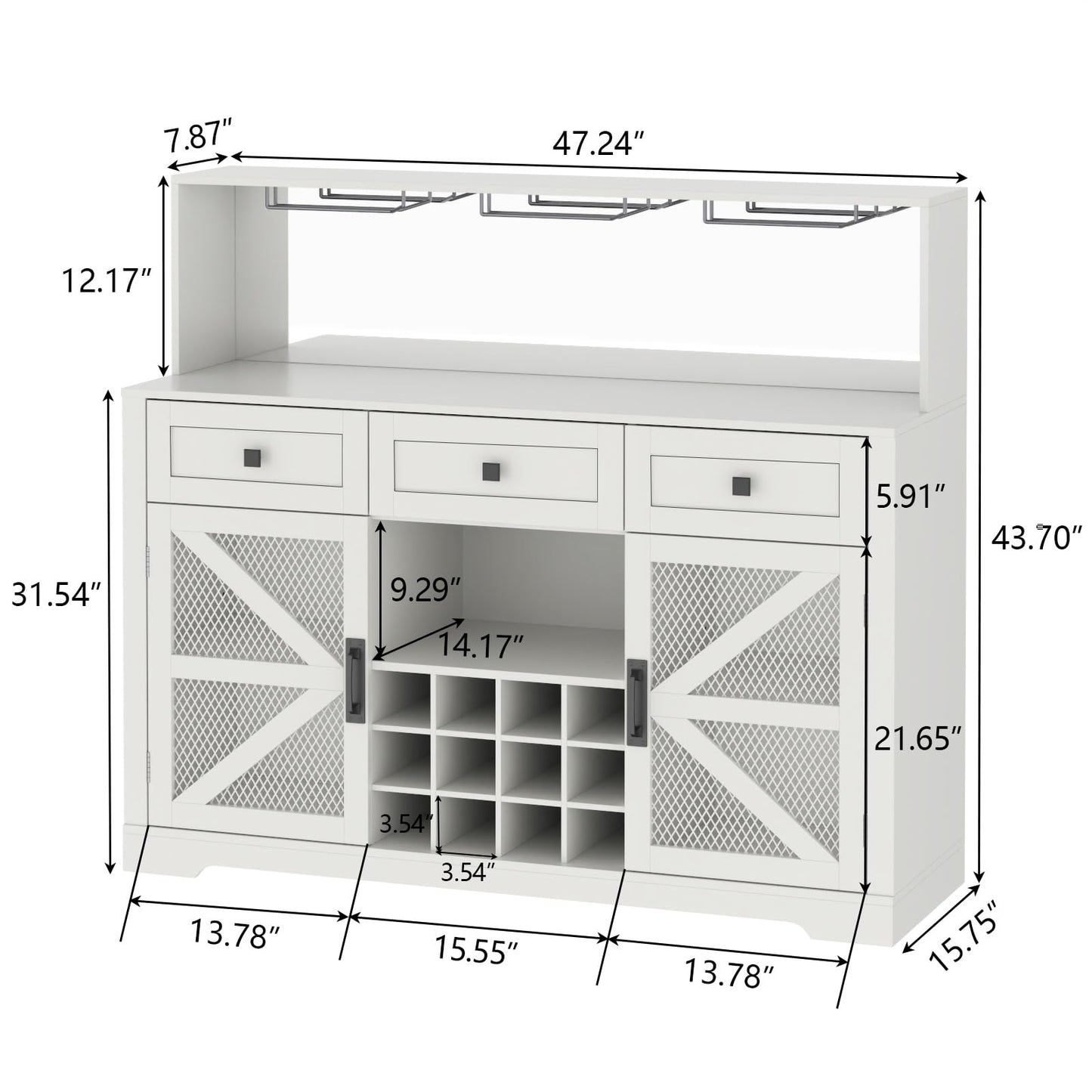 Gyfimoie Farmhouse Wine Bar Cabinet with LED Lights, Kitchen Coffee Bar Cabinet with Acrylic Mirror, Wine & Glass Rack, Storage Shelves and 3 Drawers (Signle Hutch)