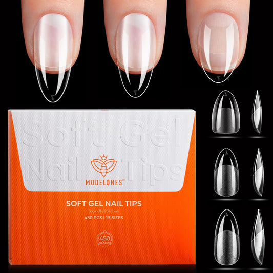 Modelones Medium & Short & Extra Short Almond Nail Tips - Multi-type 3 Styles Set Gel Tips Half Matte Full Cover Clear Acrylic Gel Kit Fake Nails for Extension DIY Salon 450Pcs 15Sizes
