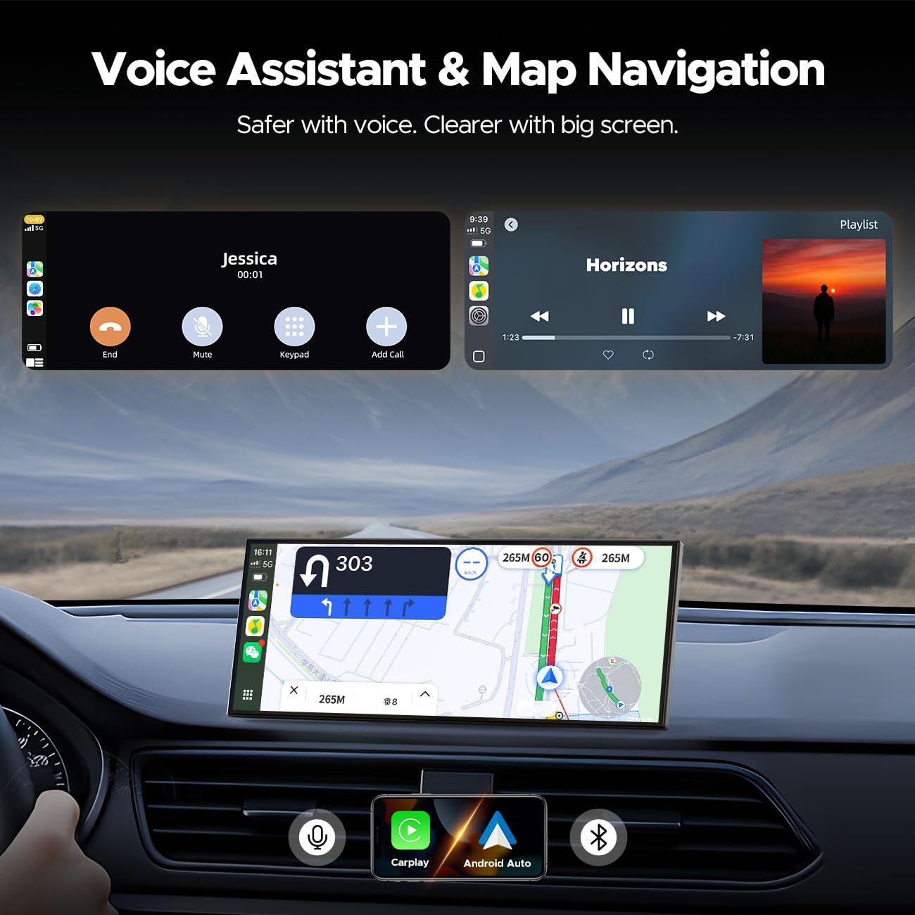 Volam 11'' Wireless Carplay Screen for Car Built-in Net-Flix YouTube Apps, Portable Touchscreen Car Stereo with Android Auto, Backup Camera, OTA Updates, Bluetooth, Voice Control, GPS Navigation,FM