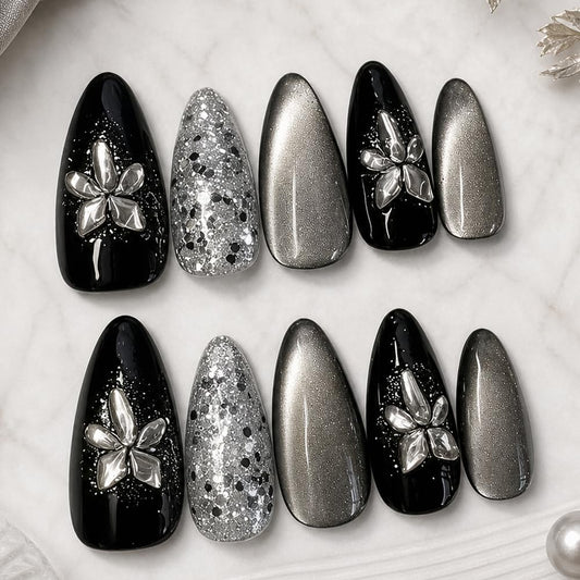 2IM Studio Handmade Press On Nails, Elegant Nude 3D Floral French Tip with Pearl Rhinestones, Almond Medium Length Full Cover Thick Reusable Acrylic Nail Kit for Women 10PCS (Inky Bloom-M)