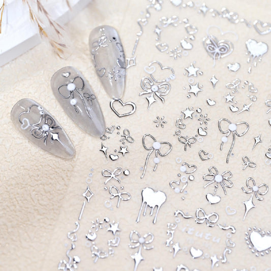 5D Embossed Heart Nail Stickers Self-Adhesive Silver Bows Nail Art Stickers Pearl Star Love Nail Decals for Acrylic Nails Spring Valentines Nail Sticker for Women Girls DIY Manicure Nails Supplies