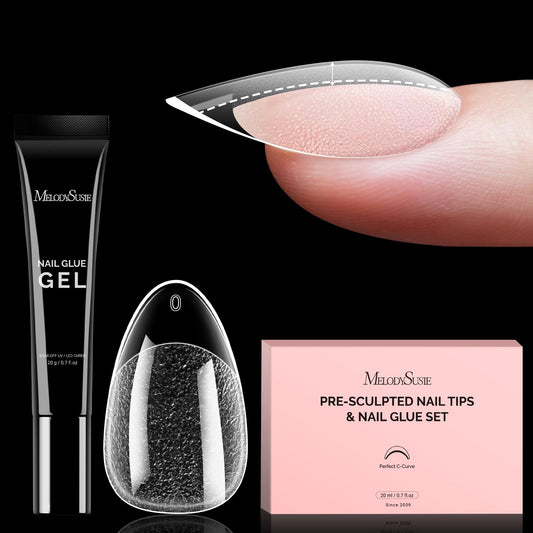 MelodySusie Short Almond Gel Nail Tips Kit-300Pcs 15Sizes Pre-Building Apex Fake Nail Tips 20gSolid Nail Glue Gel,Half Matte Full Cover Clear Acrylic Nail,Thick Strong Long Lasting for Home DIY&Salon