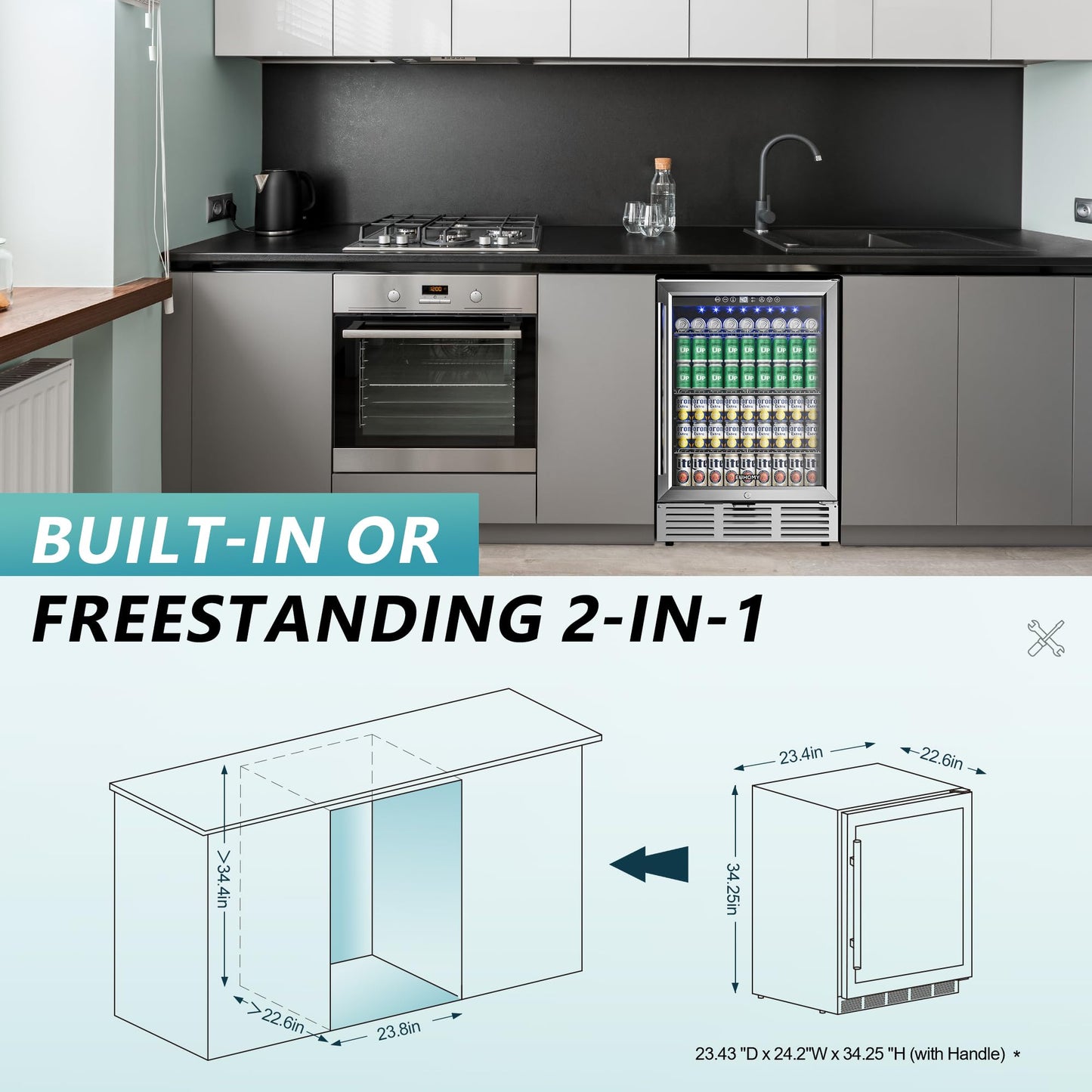 EUHOMY 24 Inch Beverage Refrigerator, 180 Can Built-in Beverage Cooler, Under Counter Beer Fridge with Glass Door for Soda, Water, Wine - For Kitchen, Bar or Office