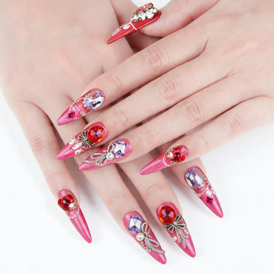 SILPECWEE 10PCS Almond Press On Nails Handmade Medium Long Fake Nails Pink Cat Eye Acrylic Press On Nails Crystal Nail Charms, False Nails for Women Nail Art Decoration