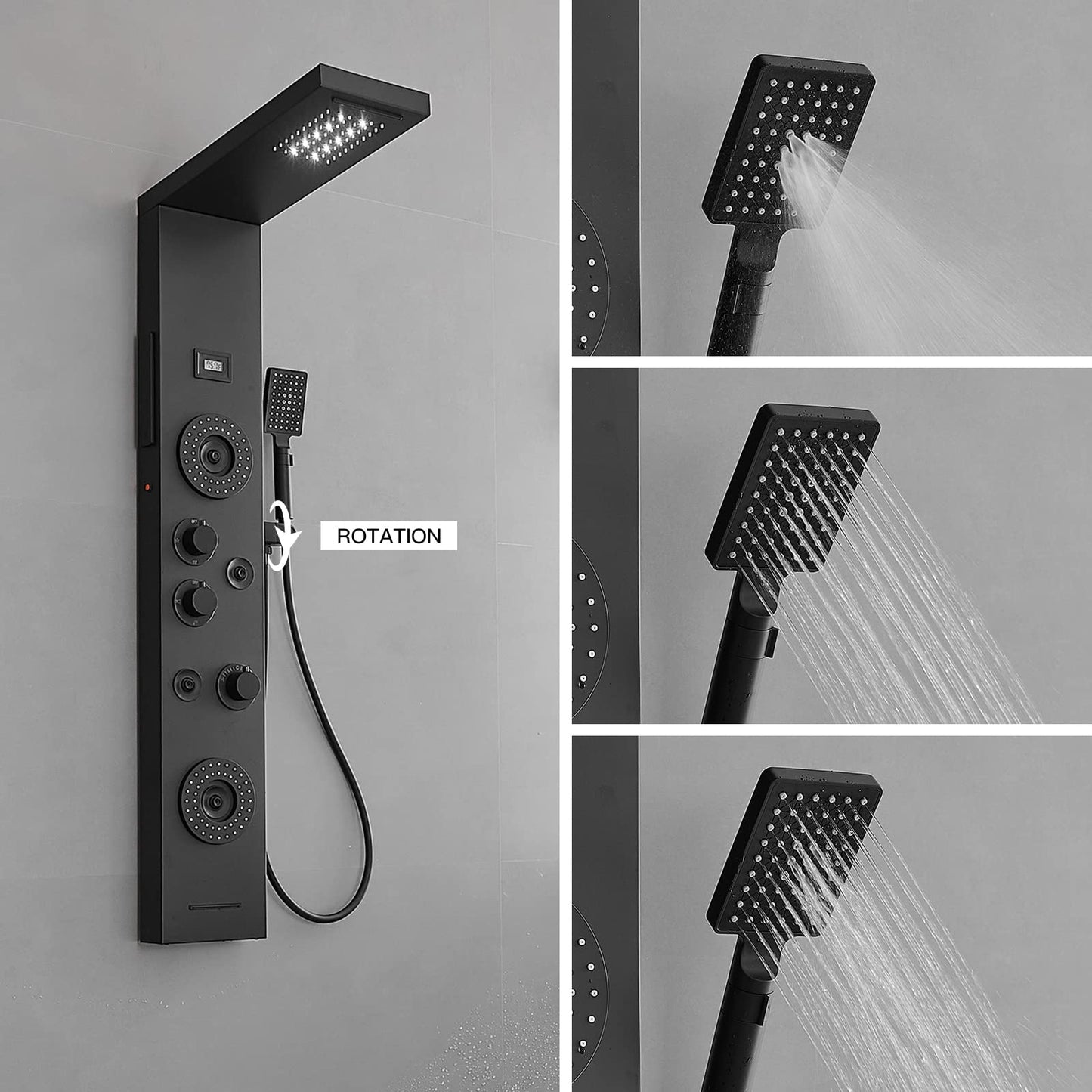 BWE Shower Panel with LED Rainfall Waterfall Shower 6-Function Faucet 4 Mist Jets 2 Body Sprays with Handheld and Waterfall Tub Spout Shower Tower System Matte Black