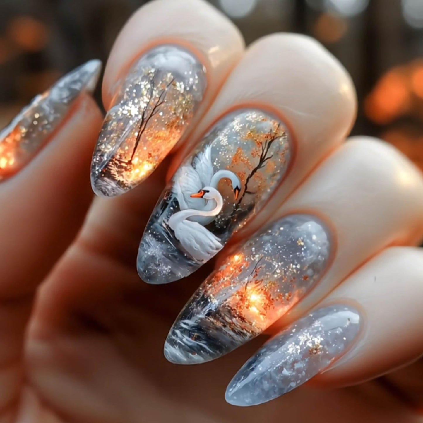 Gifiky 24Pcs Marble Nails Tip Press on Nails - Short Almond False Nails with Acrylic Swans Design, Gradient Galaxy Fake Nails for Women,Reusable Glue on Nails Full Cover Tips
