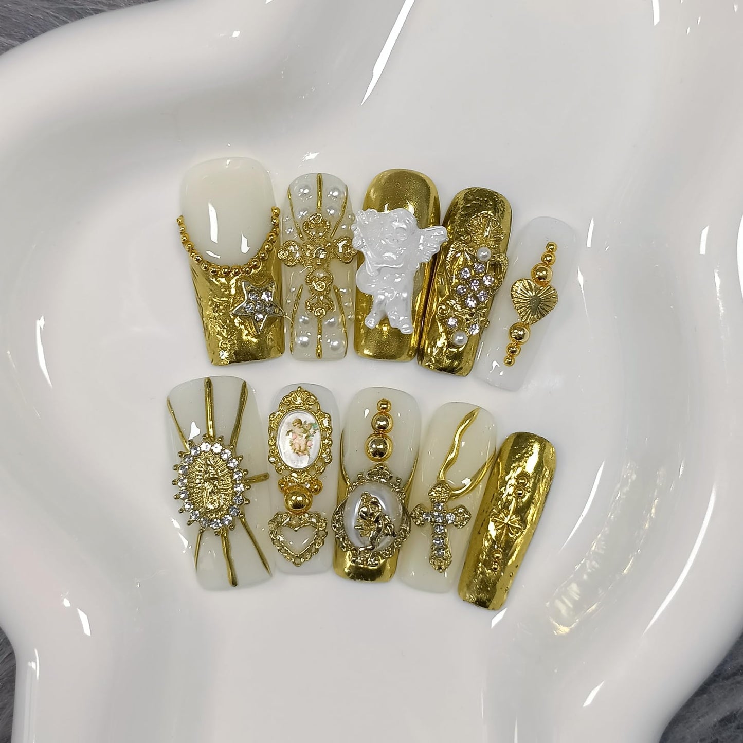 TENPAL Baroque Press on Nails Long Coffin 3D Embossed Pearl Cross Charm Luxury False Nails for Women Gold Glam Royal Cathedral Style Glue on Nails for Parties Holiday Events(M)