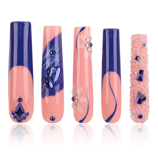 Handmade Long Acrylic Nail Tips, Pink Press on Nails with Full Covered Crystals, Fake Luxury Diamond Nails, Long Square False Nails, Gifts for Women, Reusable Stick On Nails 10Pcs,Bluish pink Size L