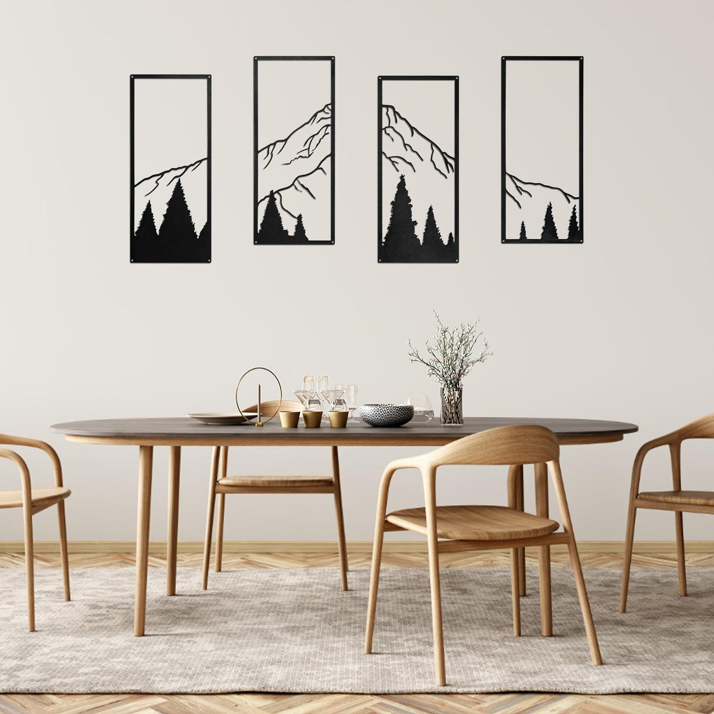 SEISSO 4 Pcs Metal Mountain Wall Art Black Mountain and Forest Wall Decor Line Drawing Metal Wall Sculptures Minimalist Rustic Nature Wall Art Decor for Living Room Office Bedroom Home 17 x 7.5 In