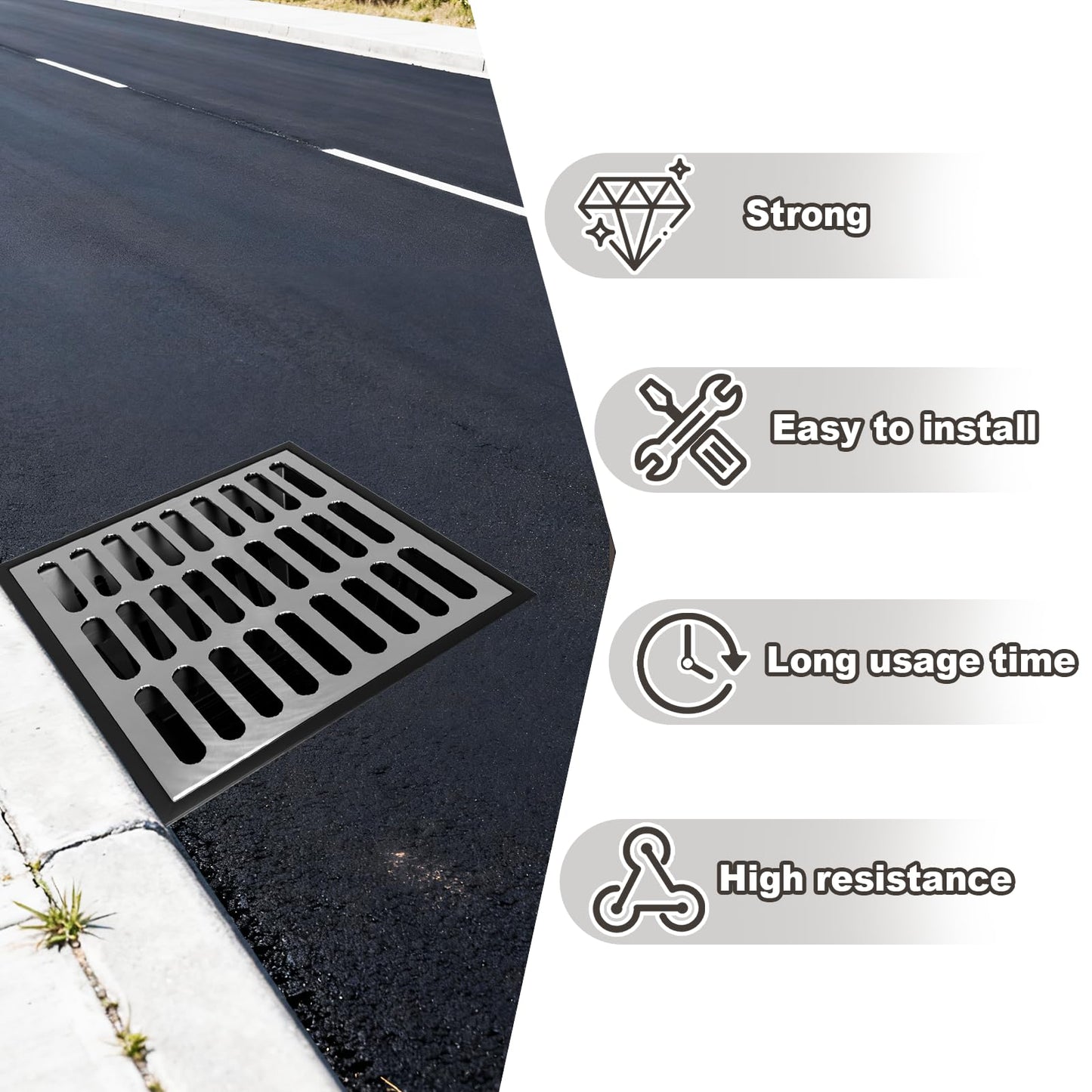 Catch Basin with 304 Stainless Steel Grate, 18x18x15 in Large Drainage Catch with Debris Basket, French Drain Basin Without Reserved Hole for Yard, Downspout, Patio, Municipal Pipeline (1)