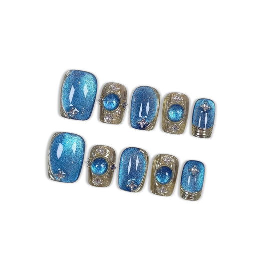 Hantyer Short Square Press On Nails,Baroque Style Blue Cat Eye Mirror Powder Sparkling Ice Design Fake Nails 10PCS with Tools Kits,Hand-Painted Gold Luxury False Nails for Elegant Daily Wear(S)