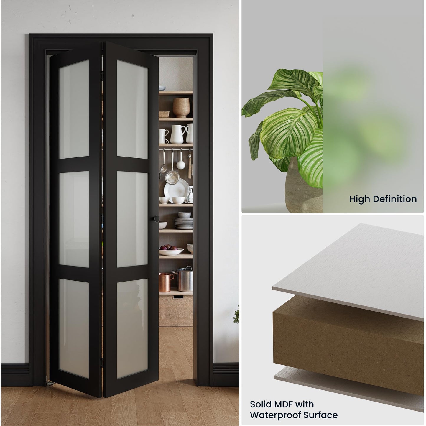 COSHOMER Bifold Doors for 30" x 80" Opening, 3-lite Tempered Frosted Glass Closet Folding Doors with Hardware kit Included, Easy Assembly, Black