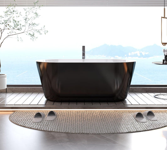 59 Inch Freestanding Bathtub, Acrylic, Deep Soaking Tub with Non-Slip Base, Modern Black Free Standing Tub for Bathrooms, cUPC Certified with Chrome Drain