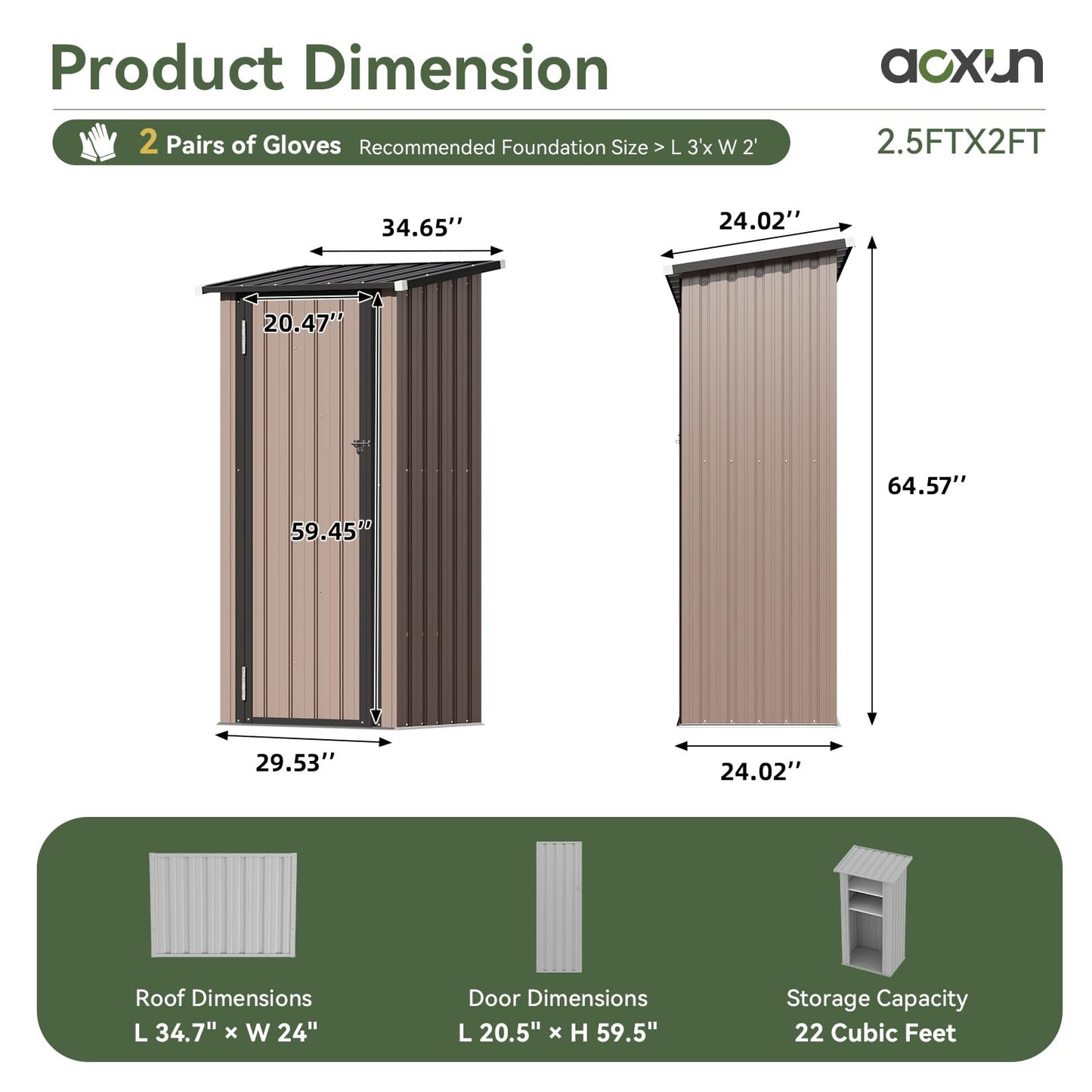 Aoxun Outdoor Storage Shed with Floor - Vertical Cabinet with 2 Adjustable Shelves & Lockable Doors, Waterproof Small Tool Shed, for Backyard Garden Patio Lawn Indoor, Brown