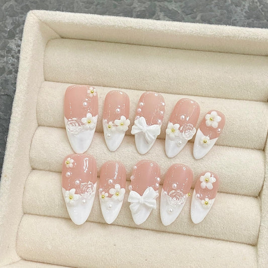 Handmade Press on Nails Flower Press on Nails White French False Nail Pearl and Bow Designs Short Almond Fake Nails Full Cover False Nails Acrylic Nails for Women Art Manicure (Size M)