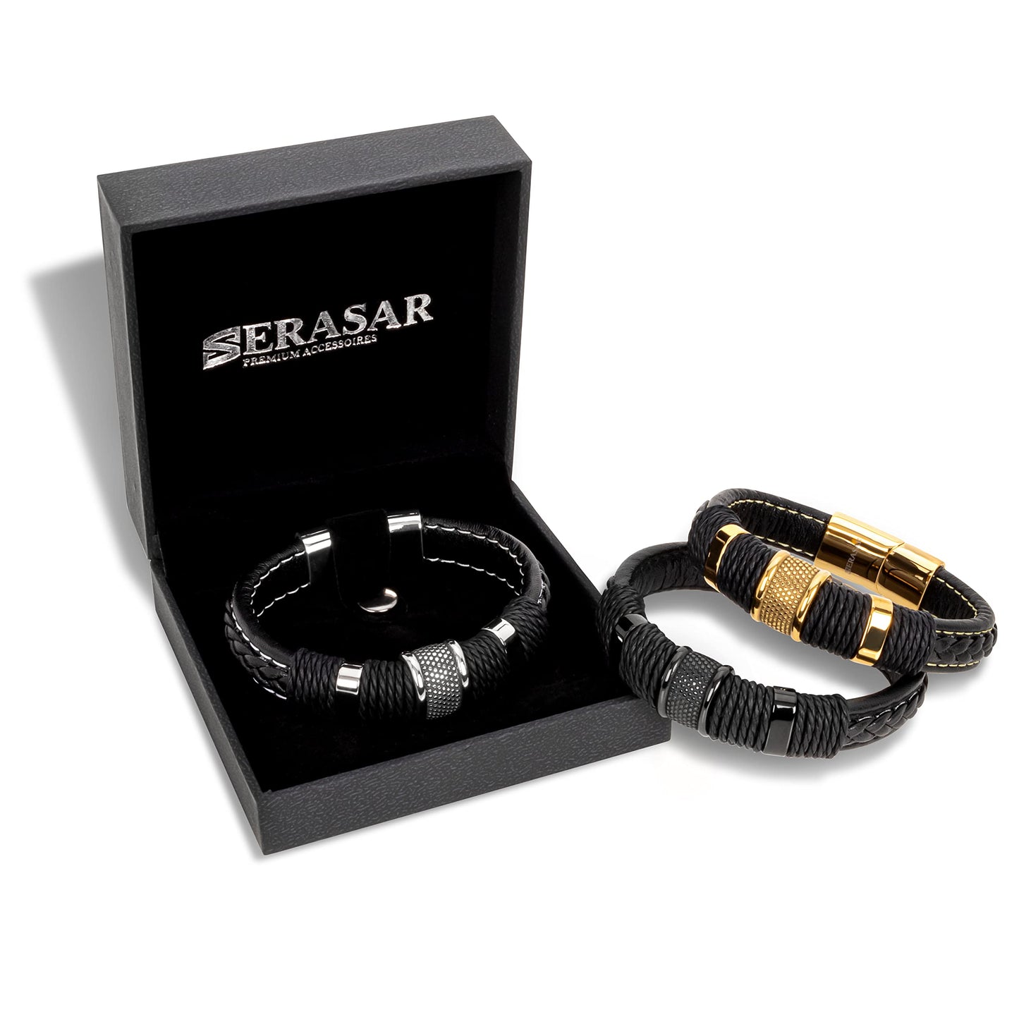 SERASAR Mens Leather Bracelet 20cm Black Men Gift Box Genuine Braided Adjust Able Magnetic Clasp Multi Layer Wrap Rope Man Mans Bracelets Jewelry Magnet Accessories