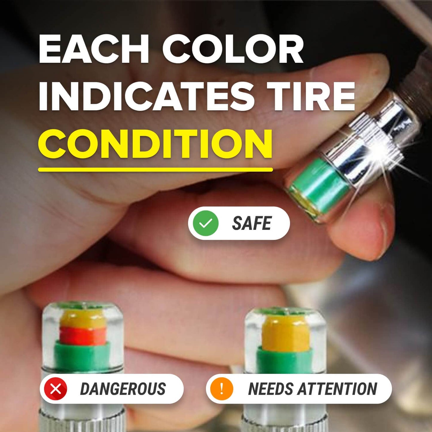 Airmoto Tire Pressure Caps, Easy to Read 3 Color Car Tire Pressure Monitor Valves, 4pcs, 32-to-35 PSI