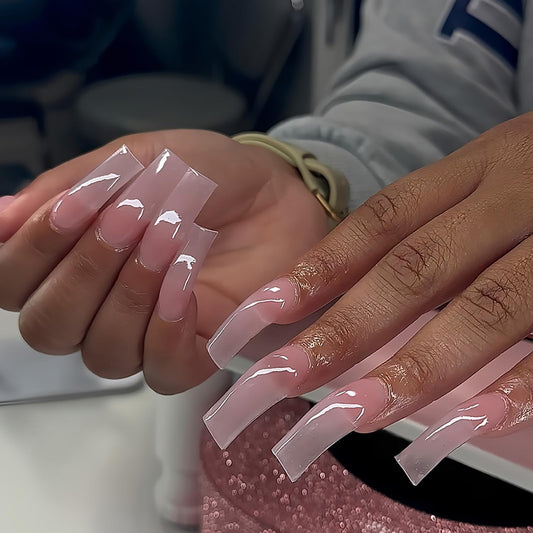 IMSOHOT Long Curved Press on Nails, Square Jelly Pink Fake Tips with Glue, 20Pcs Full Cover Nude French Design, Clean Girl Aesthetic Acrylic Glue-ons