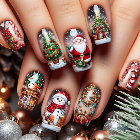 24Pcs Christmas Press on Nails Medium Length Fake Nails with Santa Claus Designs Square Christmas Tree False Nails for Women Snowman Full Cover Xmas Glue on Nails Holiday Manicure Kit