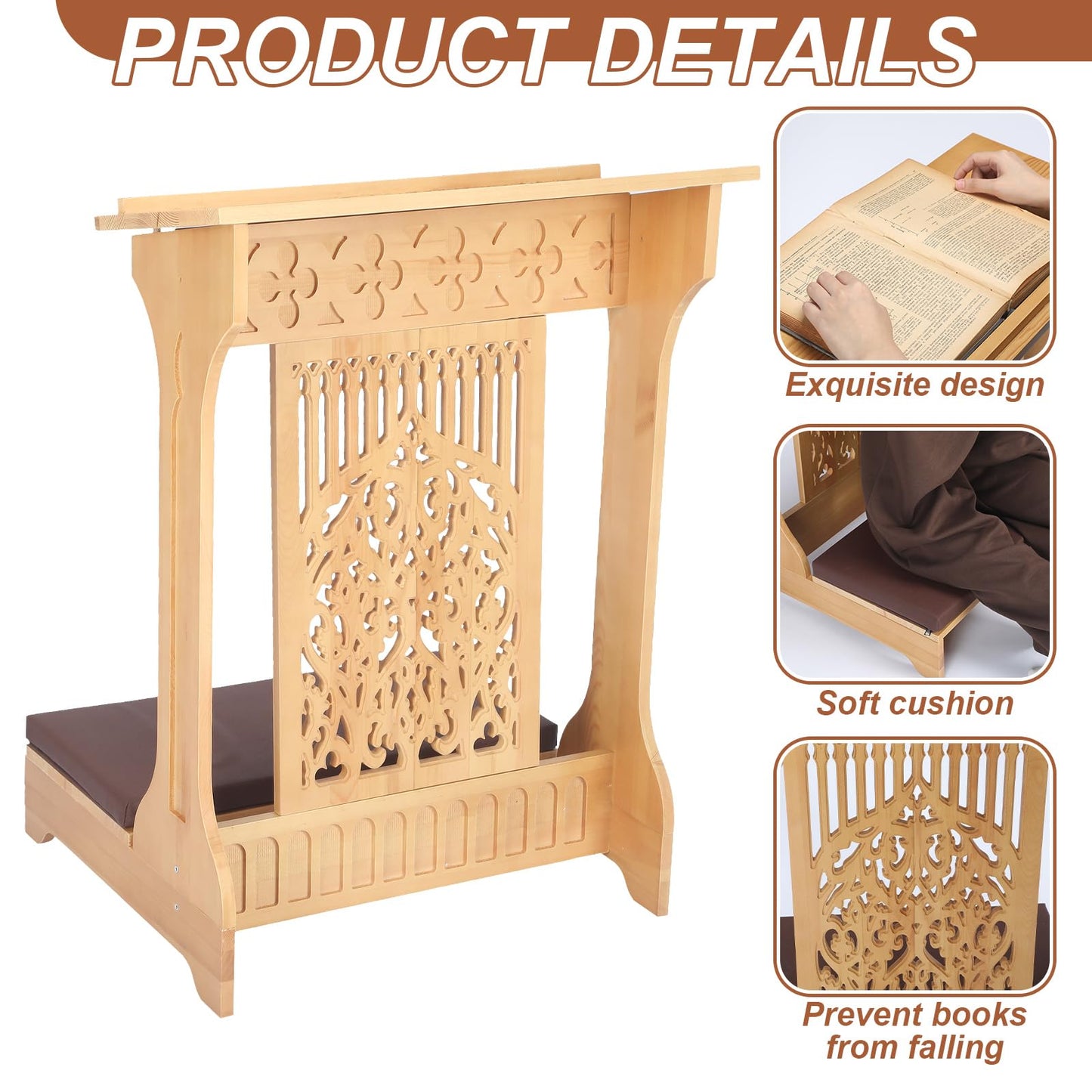Colingmill Tree of Life Church Prayer Bench Stool Wooden Padded Kneeler with Shelf and Cushion Prayer Kneeler for Home Church Religious Gifts, 24 x 22 x 32 inches (Medium Oak Color)
