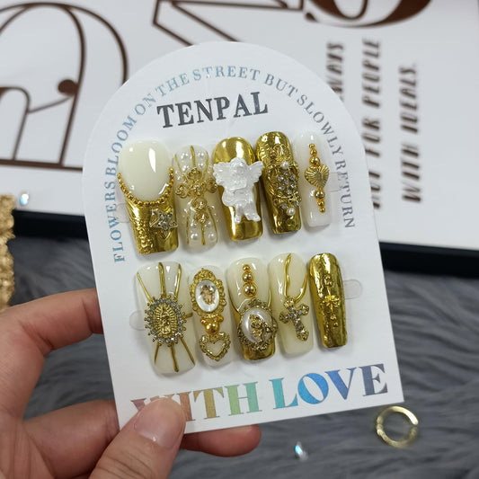 TENPAL Baroque Press on Nails Long Coffin 3D Embossed Pearl Cross Charm Luxury False Nails for Women Gold Glam Royal Cathedral Style Glue on Nails for Parties Holiday Events(S)