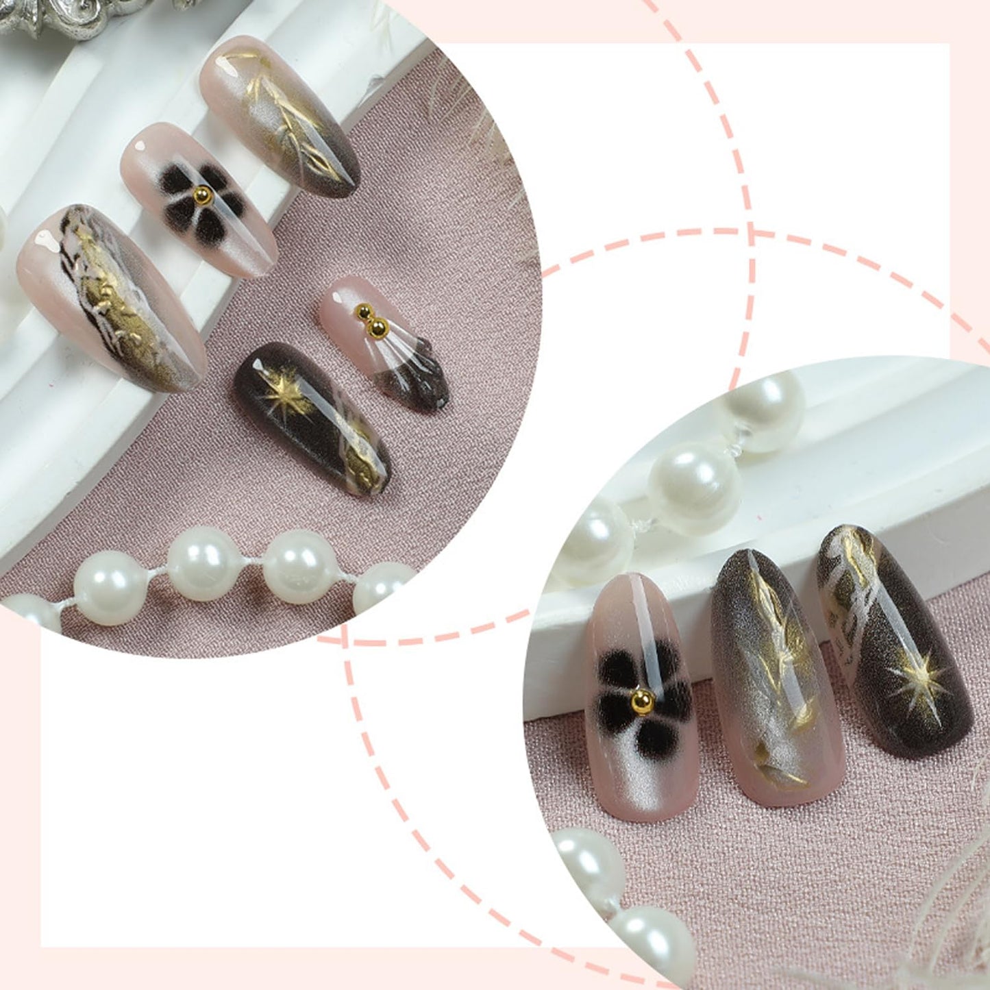 Marble Texture Gold Foil Press on Nails Medium Almond Fake Nails 3D Golden Leaf Star False Nails Cute Flower Acrylic Nails French Tip Glue on Nails Glitter Full Cover Stick on Nails for Women 30Pcs