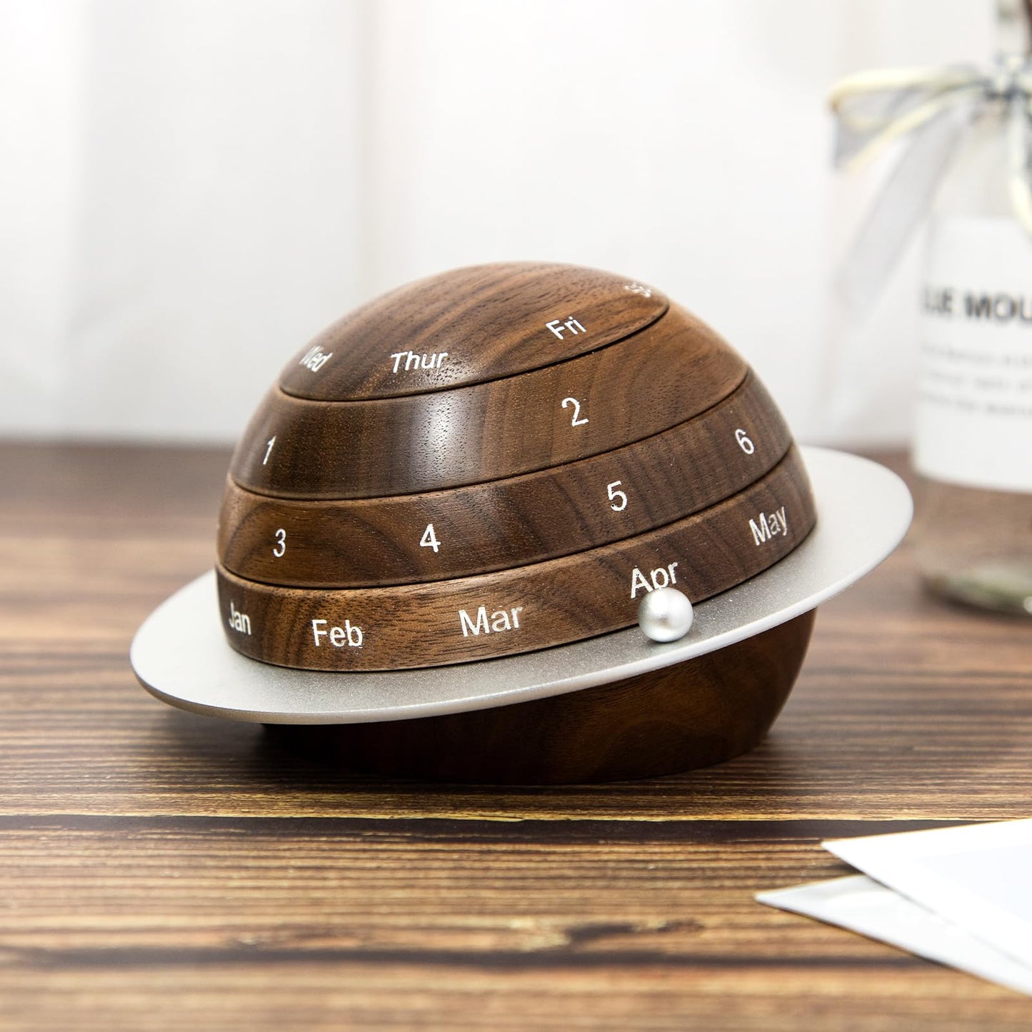 Mayhas Rotating Wooden Calendar - Walnut Wood Detachable Planetary Desk Calendar, Spherical Perpetual Calendar for Home & Office Decor, Unique Gift Idea(02 Walnut).