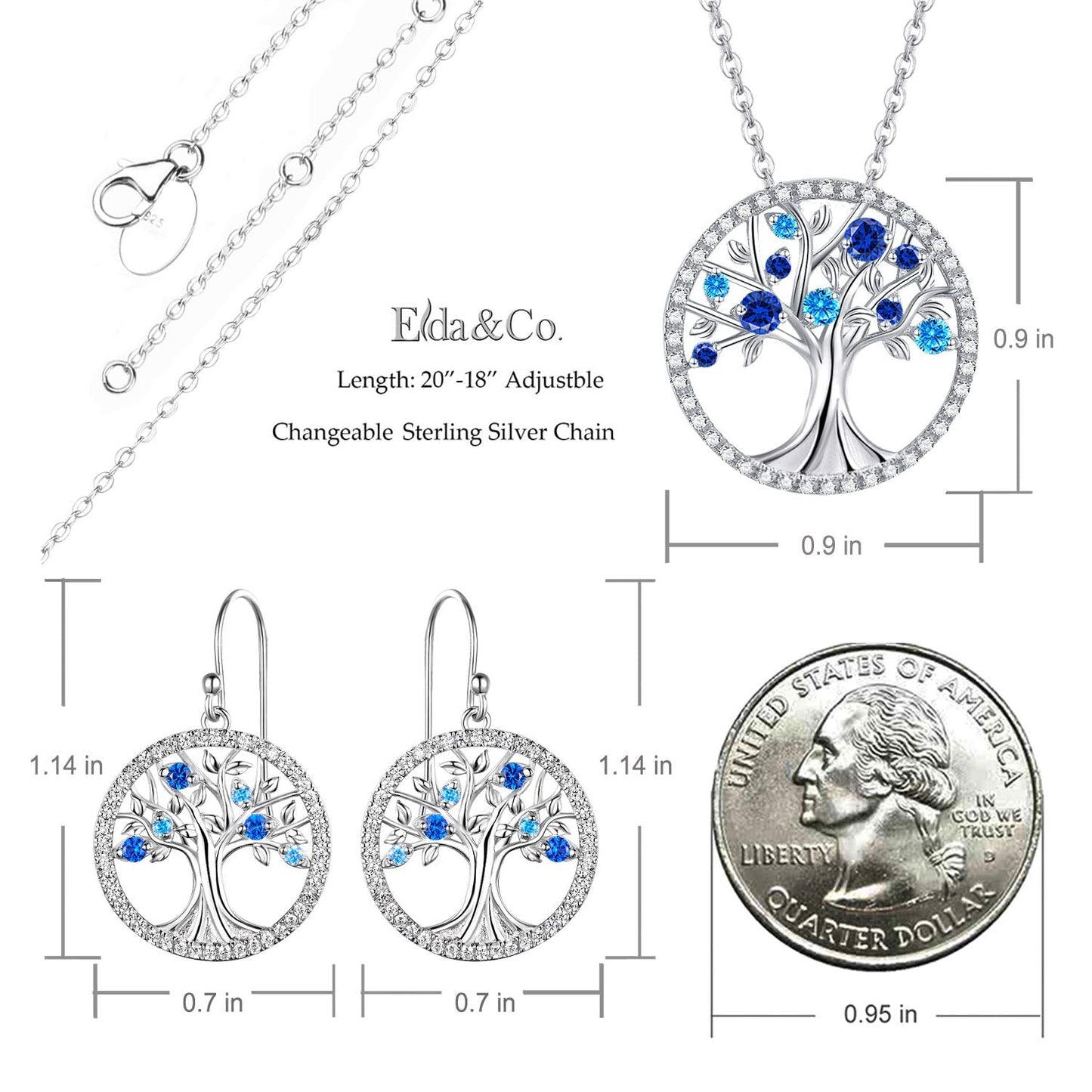 Tree of Life Jewelry Necklace Earrings Set Women March Birthstone Birthday Gifts Wife Mom Aquamarine Sapphire Sterling Silver
