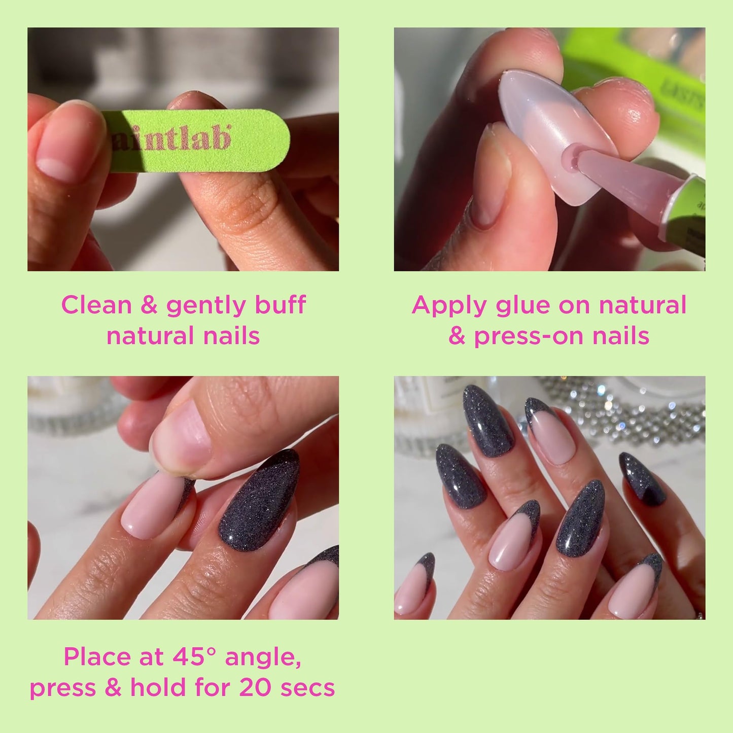 PaintLab Press On Nails - Black Night Crawler Short Almond Fake Nails, 30 Nails in 15 Sizes with Glue, Reusable Salon Quality Press On Nails