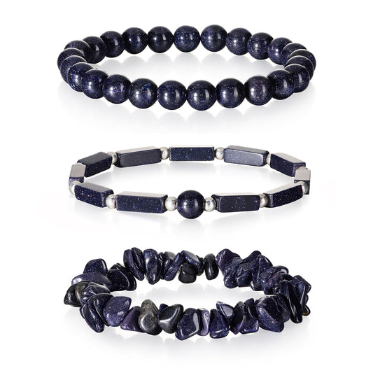 IVY TAILI 3 Pcs Blue Sandstone Bracelet for Women 8mm Blue Sandstone Crystal Bracelet for Women Hematite Jewelry Natural Healing Protection Stone Bracelets Beaded Bracelets Gift for Men Women