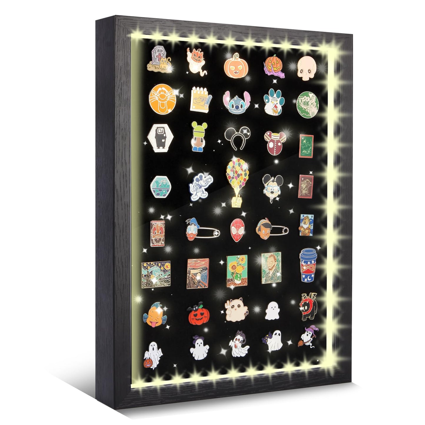 swakuszy Light Up Pin Display Case – 16x12 Black Enamel Pin Display Board with Light, Pin Holder and Pin Collection Display Frame, Pin Display for Wall or Tabletop, Pin Board for Enamel Pins