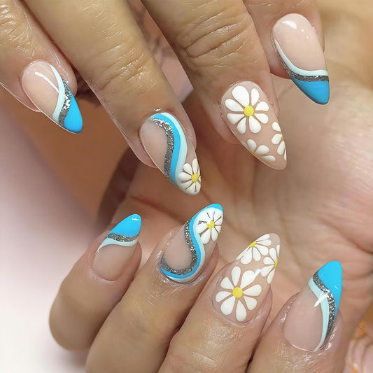 White Daisy Press on Nails Medium Almond Fake Nails with Glitter Blue Stripe Designs Blue French Tip False Nail Spring Summer Flowers Stick on Nail for Women 24Pcs