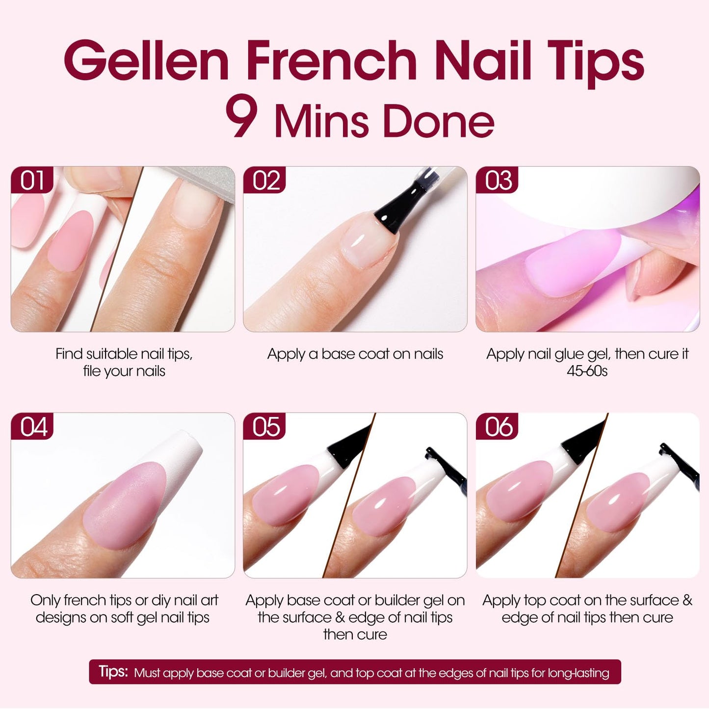 Gellen Gel Nails Tips - 330 pcs Pink French Tip Press on Nails, Short Square Gel Nail Tips Soft, 3 in 1 Pre-lasting Fake Nail No Need to File, Soft Fake Nail Tip for Nail Art