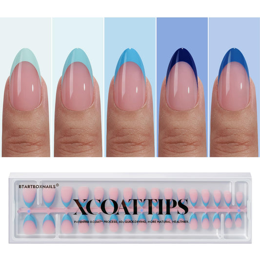 BTArtboxnails XCOATTIPS French Tip Press On Nails - Blue Press On Nails Short, Almond Fake Nail Tips, 160Pcs Soak Off Soft Gel Acrylic Pink Nail Extension in 16 Sizes