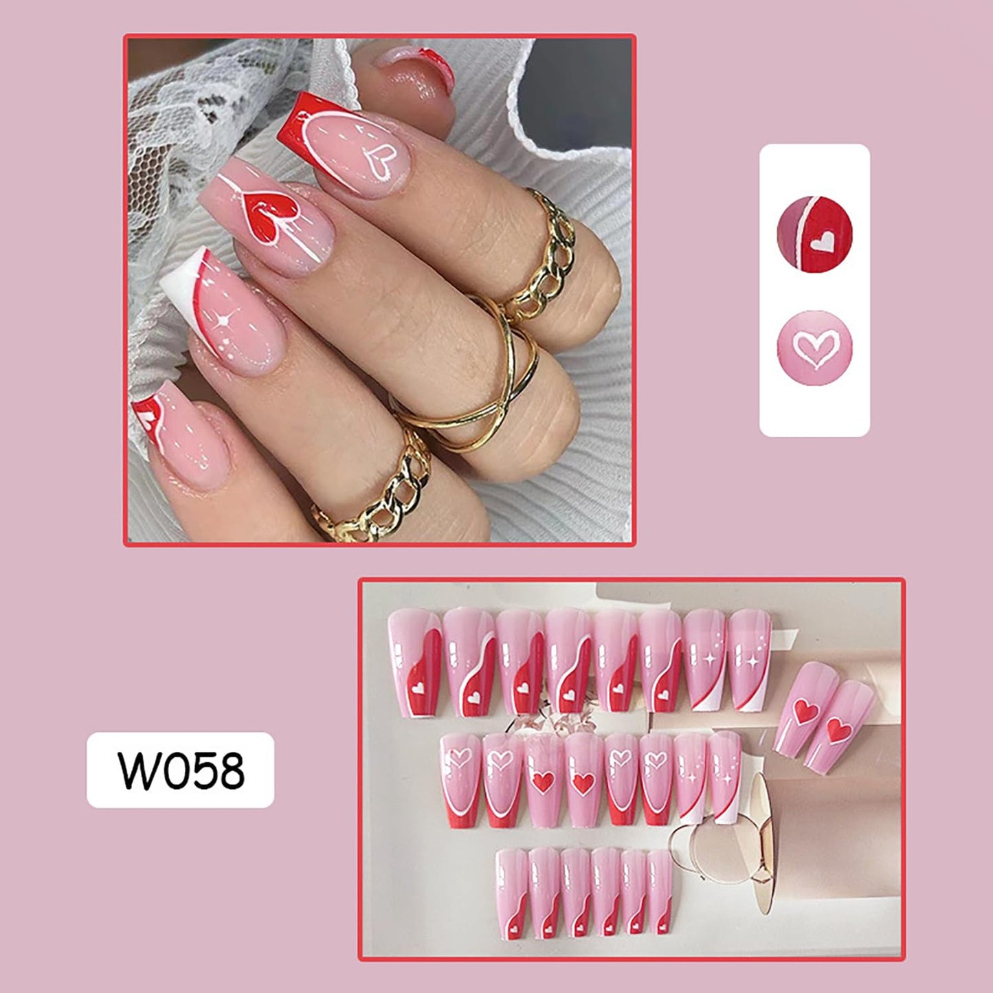 Vezocim French Tip Square Medium Press on Nails 24Pcs Glossy Full Cover Artificial Pink Fake Nails with Red Heart Designs Acrylic Coffin False Nails Glue Fingernails with Charm for Women Girls