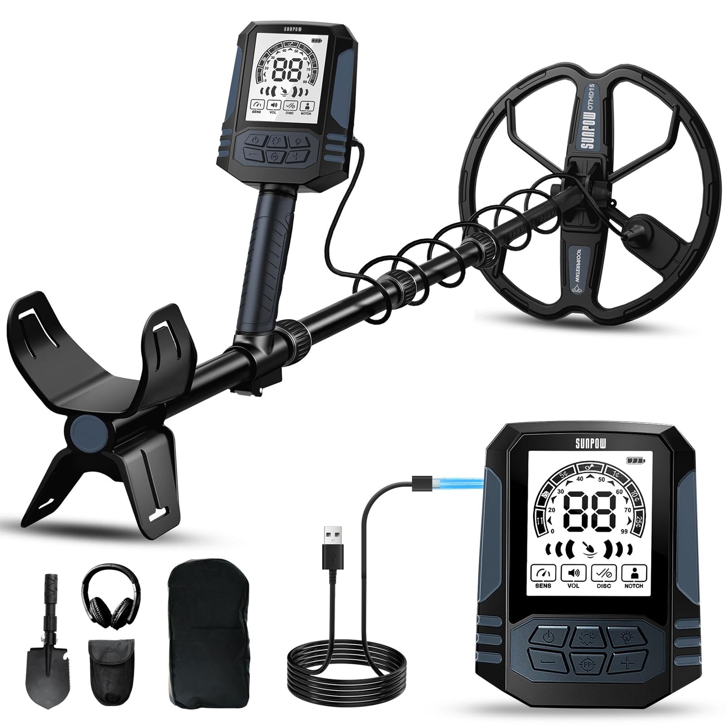 SUNPOW Rechargeable Metal Detector for Adults - 2500mah Lithium Battery for 35H Use - Waterproof Gold Detector with 10'' Deep Dual D-Coil, 4 Professional Modes, Sturdy Spiral Structure – OTMD15