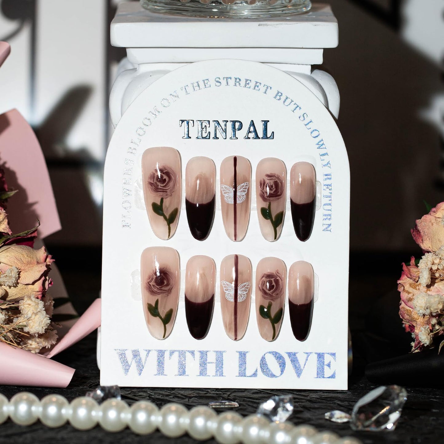 TENPAL French Tip Press on Nails Almond Black Nails Press ons Long Almond Fake Nails With Hand Painted Rose Butterfly Designs 10pcs/Box Sweet Cool Y2k Sexy French Handmade Nail Tips For Women Girls(S)