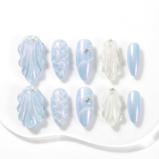 Sun&Beam Nails Handmade Press On Nail Medium Long Almond Oval Blue White Pearl Shell Fake Tip 3D Design Art Charms Cute with Storage Box 10 Pcs (#028 S)