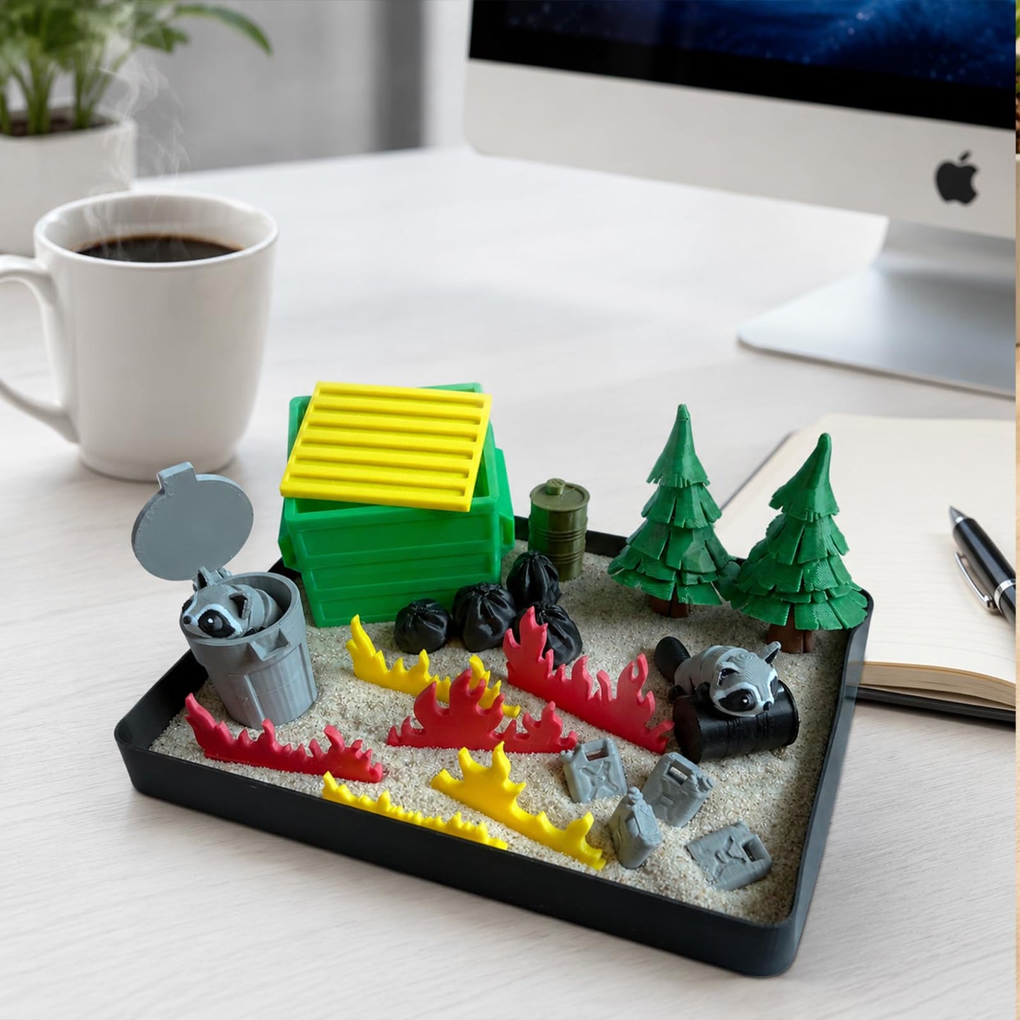 Dibetoy Dumpster Fire Zen Garden Compact Desk Decor, 3D Print Plastic Miniature Sandbox, Office Stress Relief Gift for Humor Lovers