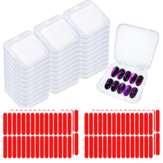 Press on Nail Box,30 Sets Display Case Artificial Nail Display Storage Box with 60 Pcs Adhesive Double Sided Tape Acrylic Nail Box Press On Nail Packaging for Nail Salon