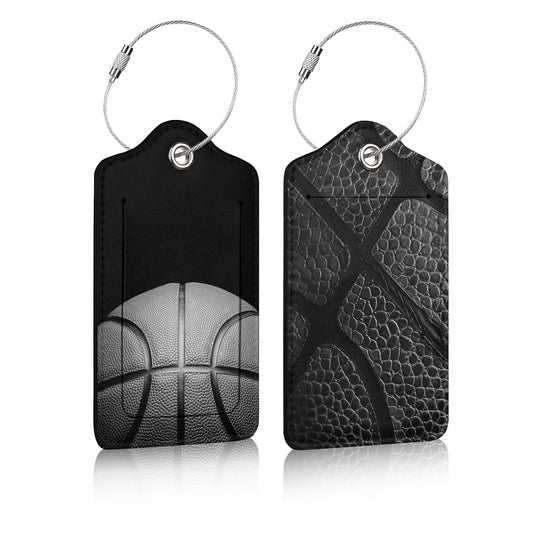 Sport Ball Luggage Tag for Suitcases 2 pcs, Black Basketball PU Leather Luggage Tag with Privacy Cover ID Label for Women Men Travel