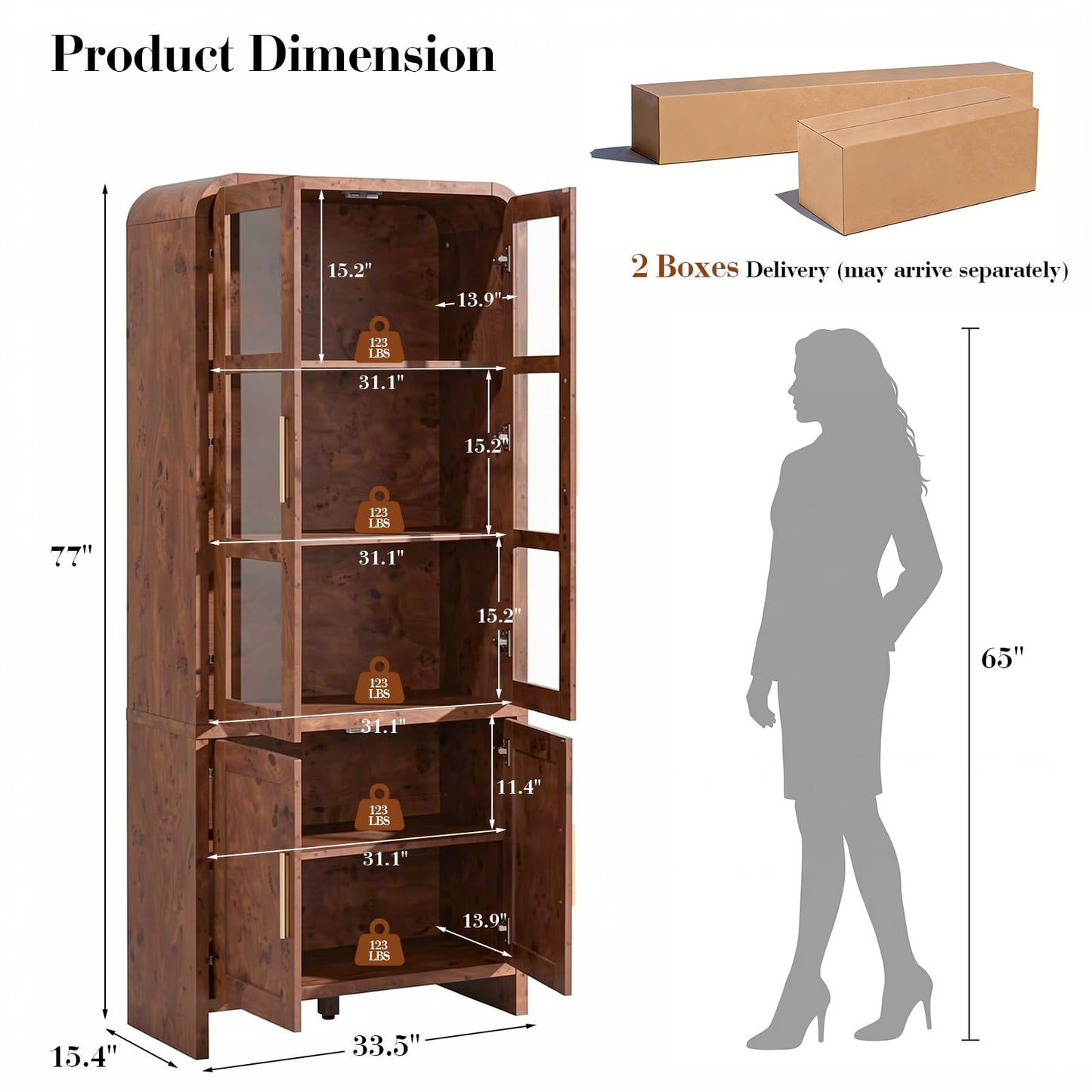 EliteSet 77" Tall Kitchen Pantry Cabinets, Wooden Curved Storage Cabinets with 2 Adjustable Shelves, 1.18'' Panel Freestanding Cupboard for Dining Room, Living Room, Bathroom, Dark Burl, 1Pcs