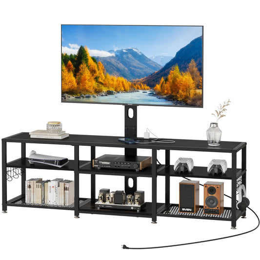 VECELO TV Stand with Mount and Power Outlets, Entertainment Center for 60/65/70/75/80 inch TVs, Height Adjustable Media Console with Storage Shelves, for Living Room, Bedroom, Black