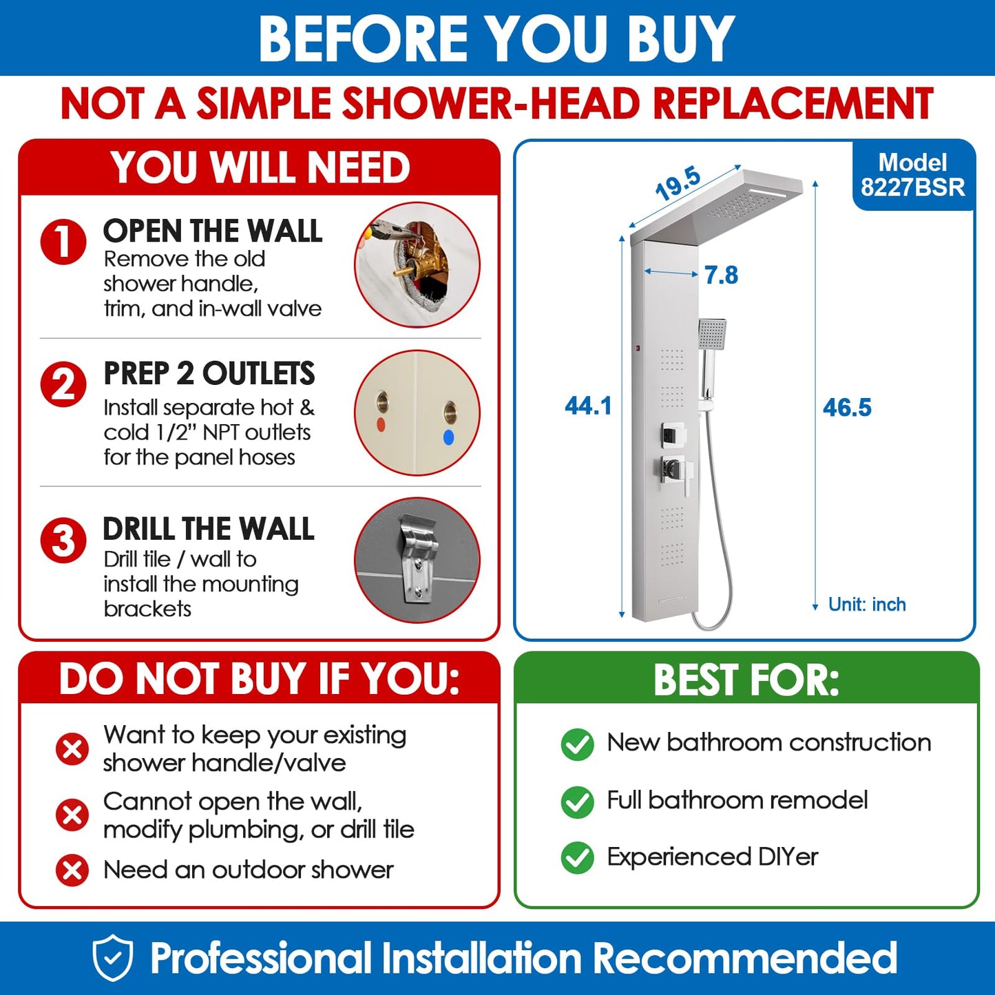 ROVOGO LED Shower Panel Tower System 46.5", 5-Function Shower Column with Rainfall Waterfall Shower Head, 4 Body Jets, Handheld and Tub Spout, Stainless Steel Brushed