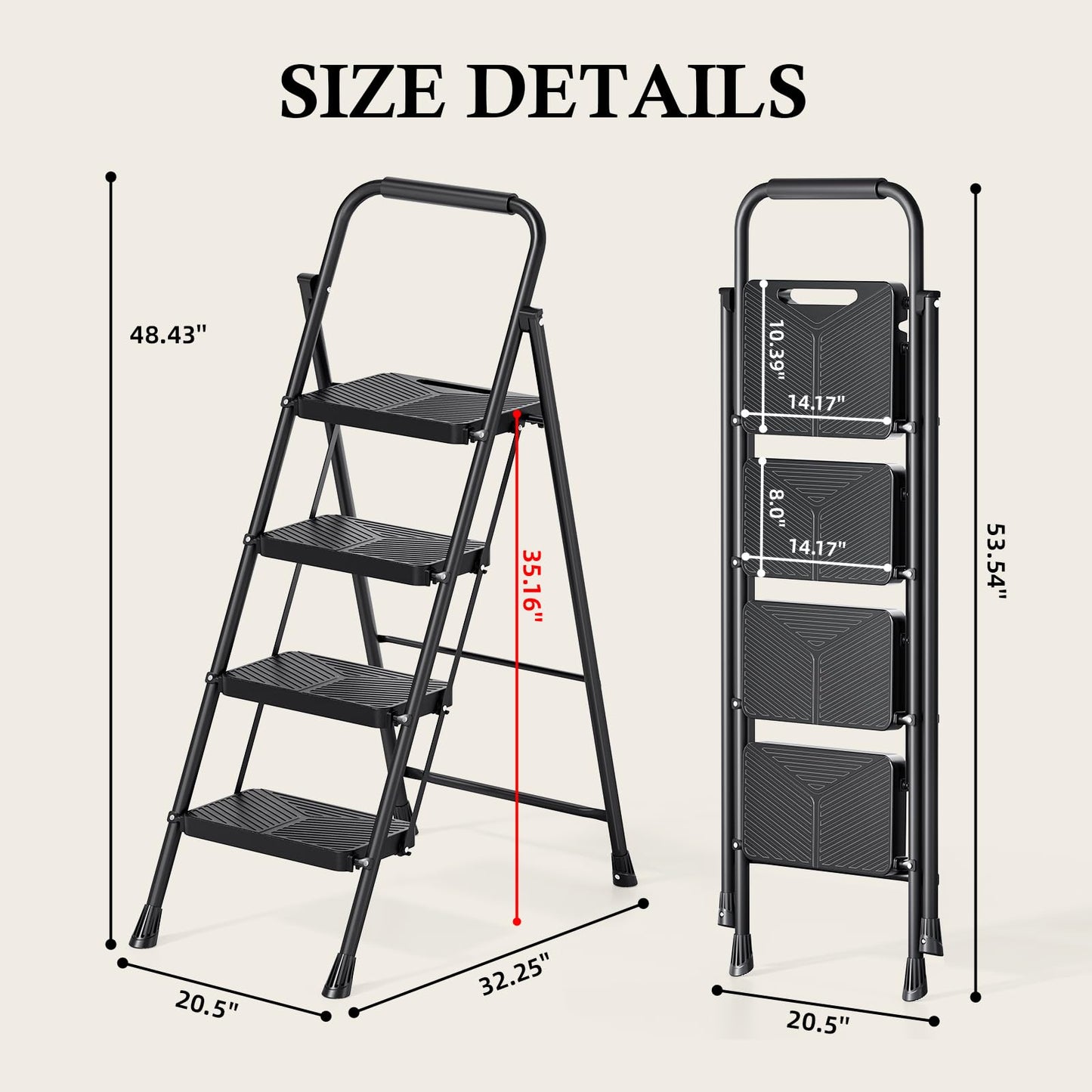 Urackify 4 Step Ladder, Portable Folding Ladder for Multi-Purpose, Home, Kitchen, Heavy Sturdy Steel Step Stool with Handrail, Anti-Slip Wide Pedals, Safe-Lock Design, Pass 500lbs Load Testing, Black