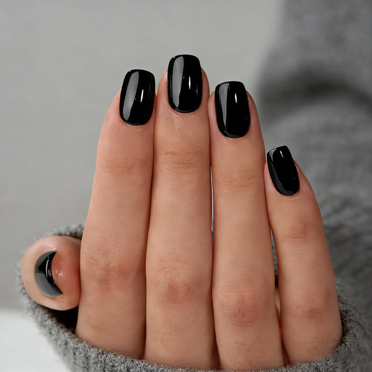 Black Press On Nails Square -Short Press On Nails with Nail Glue, Fit Perfectly & Natural Reusable Stick On Nails in 12 Sizes - 24PCS Soft Gel Glue On Nails Kit