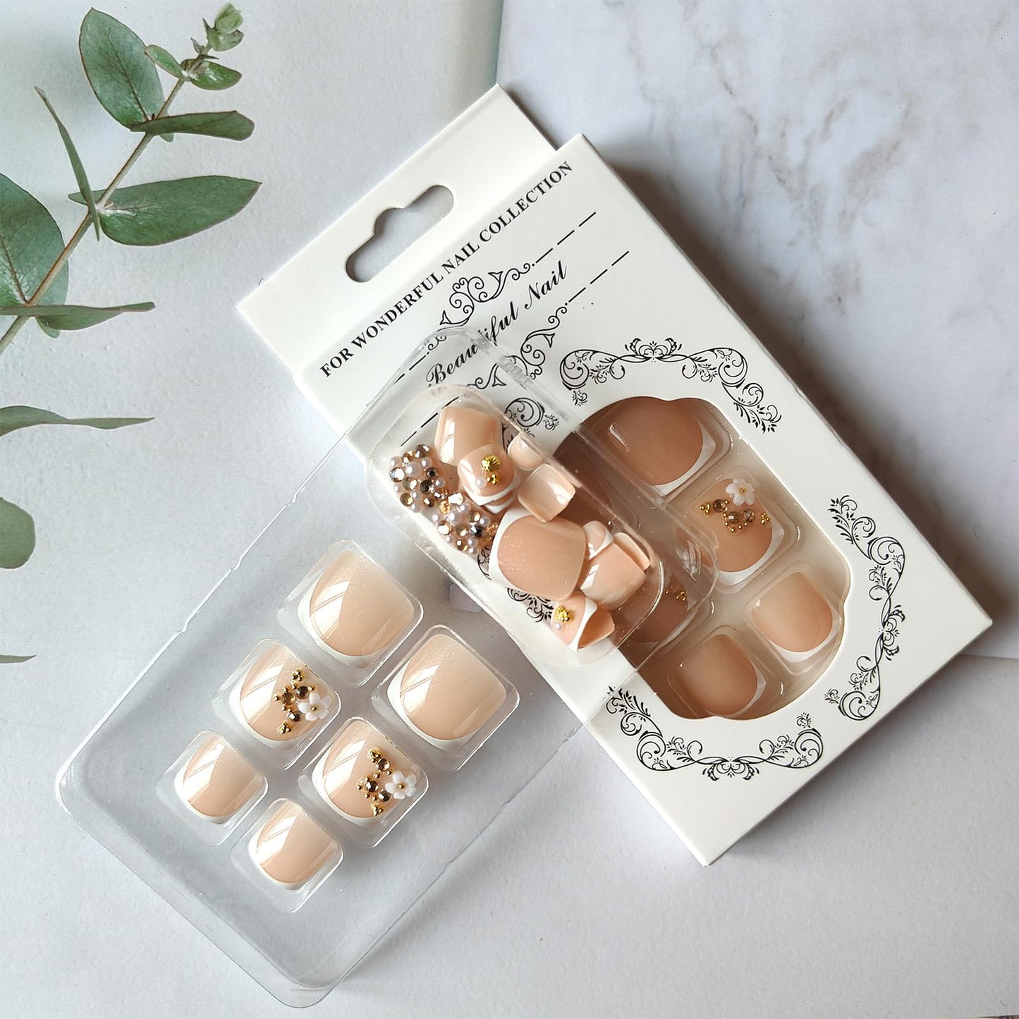 White French Tip Press on Toenails with Pearl Rhinestone Charms Short Glossy Fake Toe Nails Acrylic Flower Toenails Artificial Glue on Toe Nails Summer Toe Press on Nails for Women 24Pcs