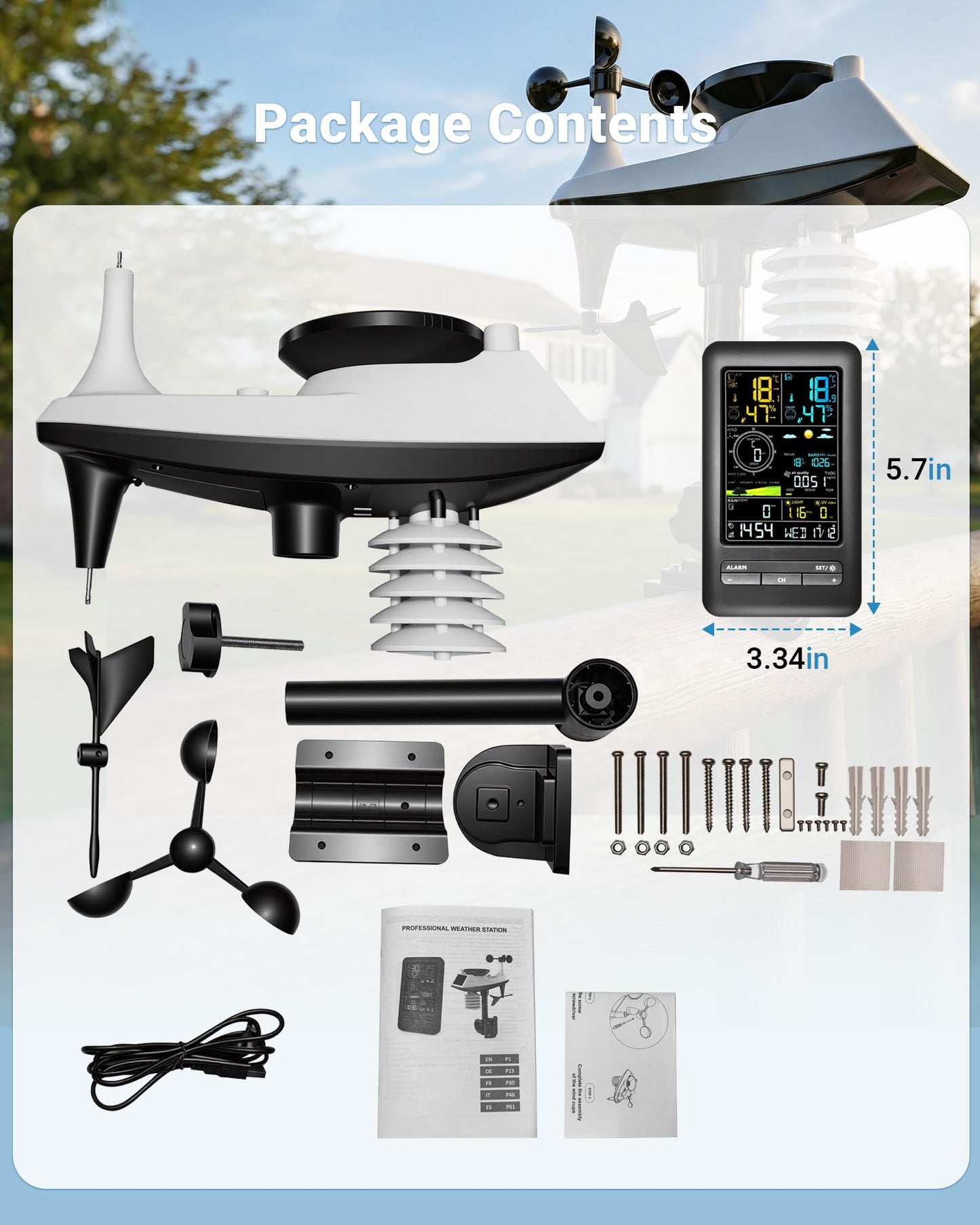 Professional WiFi Weather Station with Outdoor Sensor & Indoor Display | Real-Time Monitoring for TVOC Air Quality, Wind, Rain, Temp, Humidity | 100m Range, APP Alerts, Smart Forecast