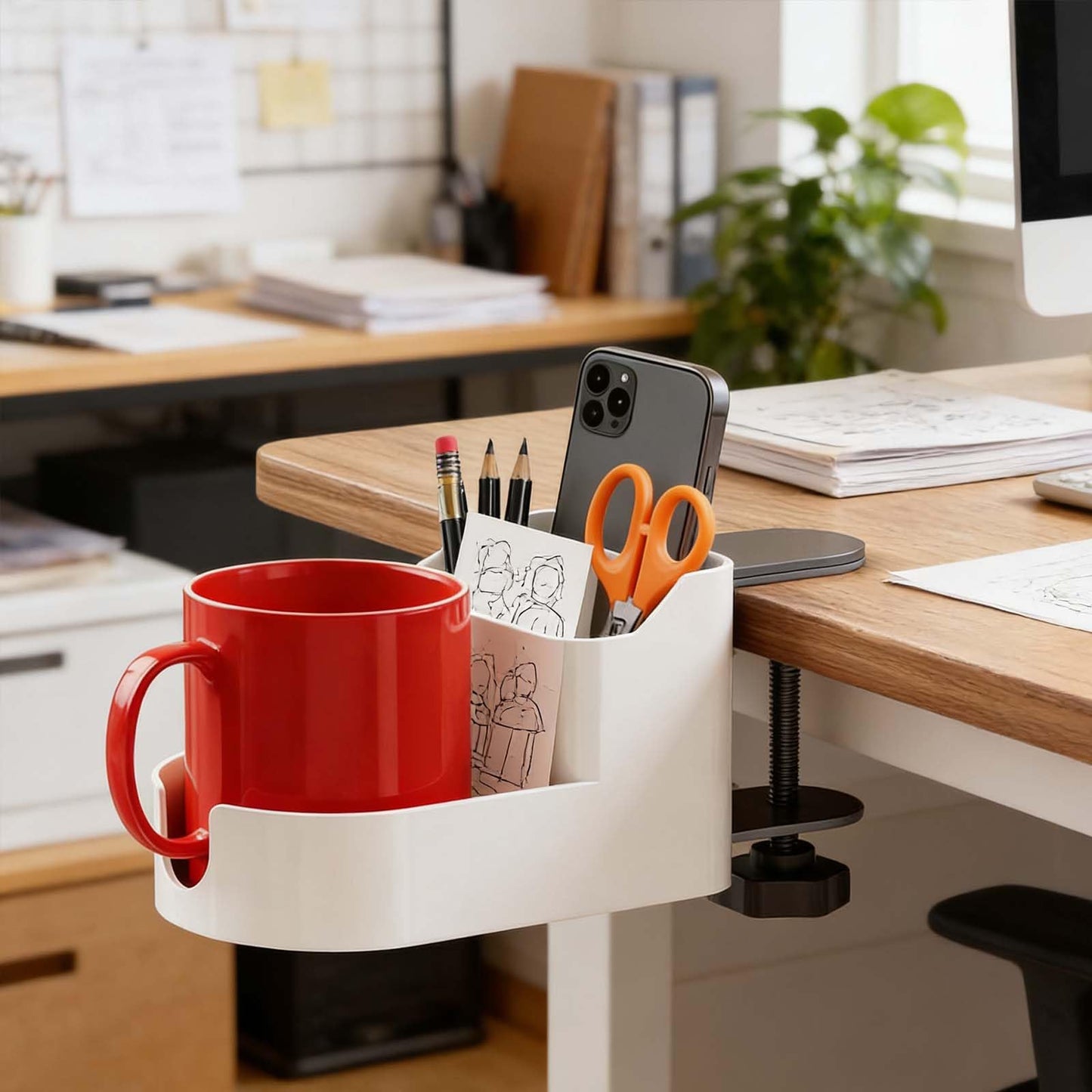 Desk Cup Holder Clamp,Clip on Cup Holders for Desks with Charging Hole and Spill-Proof Cup Design - Desks Side Drinking Cup Holders Clip for Home,Office&Gaming Desk Accessories