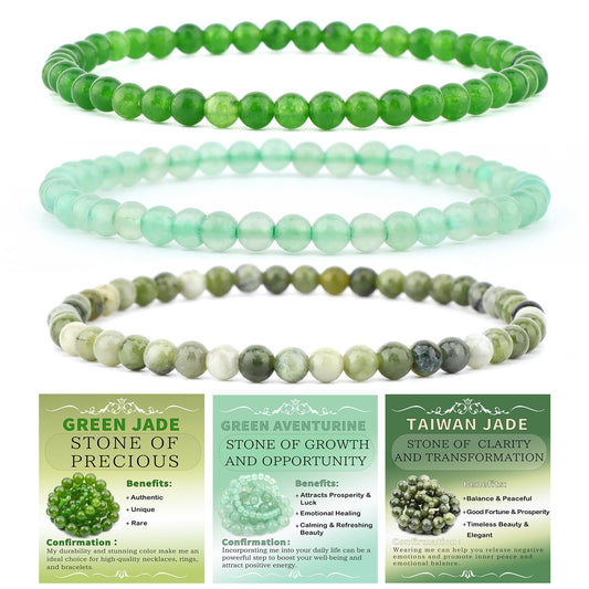 NCB 3-Piece 4mm Natural Crystal Gemstone Stretch Bracelets – ﻿Green Jade, Green Aventurine, Taiwan Jade Handmade Reiki Energy Healing Jewelry for Meditation,Yoga, Unisex